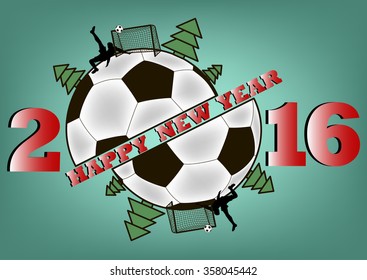 happy new year 2016 and soccer ball with Christmas trees