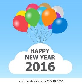 Happy new year 2016 text on colorful balloons and cloud background - Vector