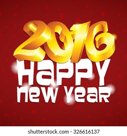 Happy new year 2016 text. White and gold on red background.