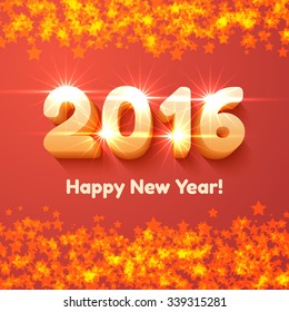 Happy New Year 2016 text design. Vector greeting illustration with shining 3d numbers. Festive red background