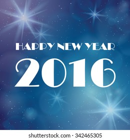 Happy New Year 2016 text over a dark blue night sky background with stars.