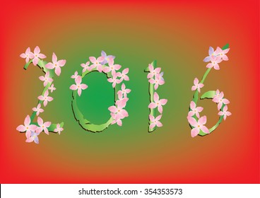 Happy New year  2016 text design with hydrangea green and red background,vector 
