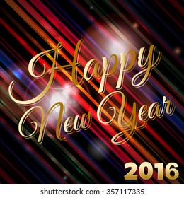 Happy New Year 2016 Text Over Glowing Striped Background with Lens Flares