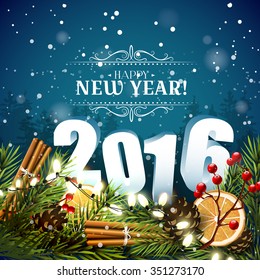 Happy New Year 2016 - traditional decorations, 3D numbers and calligraphic inscription on blue background