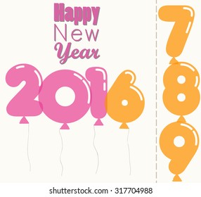 Happy New Year 2016, transparent balloons shape numbers font, colored greeting card