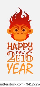 Happy new year 2016 typography with fire monkey head.Vector illustration in flat style.