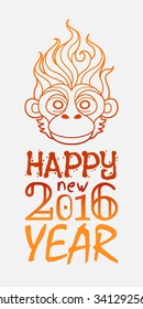 Happy new year 2016 typography with fire monkey head.Vector illustration in flat style.