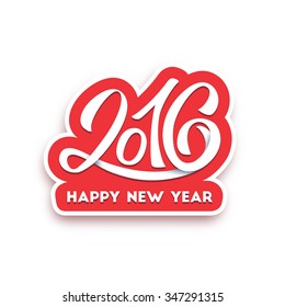 Happy New Year 2016 typography greeting card design vector template with lettering text on colorful label from paper isolated on white background