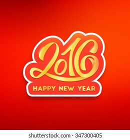 Happy New Year 2016 typography greeting card design template with golden lettering text on label from paper and yellow foil on red blurred vector background