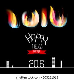 Happy New Year 2016 Vector Illustration with City and Fire - Flames Title