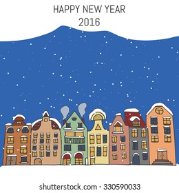 Happy new year 2016 vector postcard, Christmas old town