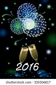 Happy new year 2016! Vector holiday background with two Champagne Flutes, many stars, fireworks on night dark sky and text 2016