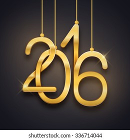 Happy New Year 2016 vector illustration, greeting card, postcard design, gold shiny realistic numbers