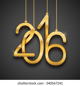 Happy New Year 2016 vector illustration, greeting card, postcard design, gold shiny realistic numbers