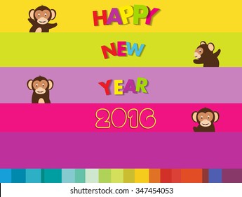 Happy new year 2016, vector illustration with monkey.