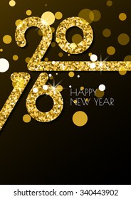 Happy New Year 2016 vertical greeting card with golden glitter texture. Abstract holiday black glowing vector background with place for text. Trendy design, concept for banner, poster, flyer design.