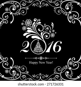Happy new year 2016! Vintage card. Celebration black background with Christmas tree and place for your text. Vector Illustration