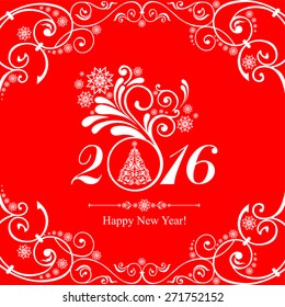 Happy new year 2016! Vintage card. Celebration background with Christmas tree and place for your text. Vector Illustration