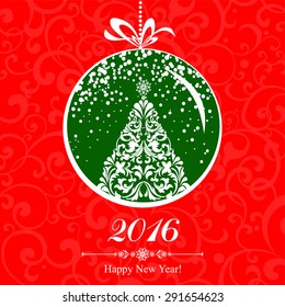 Happy new year 2016! Vintage card. Celebration black background with Christmas tree, Christmas ball and place for your text.  vector illustration 