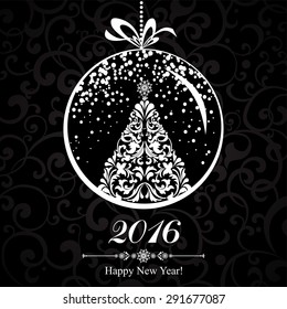 Happy new year 2016! Vintage card. Celebration black background with Christmas tree, Christmas ball and place for your text.  vector illustration 