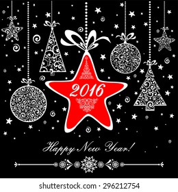 Happy new year 2016! Vintage card. Celebration background with Christmas tree, Christmas star, Christmas ball and place for your text. Vector Illustration