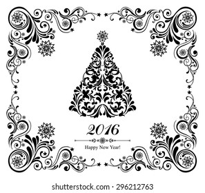 Happy new year 2016! Vintage card. Celebration background with Christmas tree and place for your text. Vector Illustration 