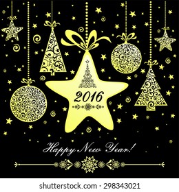 Happy new year 2016! Vintage card. Celebration black background with golden Christmas tree, golden Christmas star, golden Christmas ball and place for your text. Vector Illustration