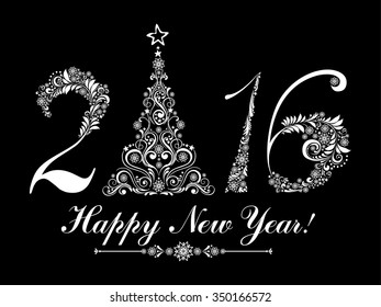Happy new year 2016! Vintage card. Celebration background with Christmas tree and place for your text. Vector Illustration 