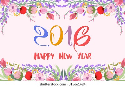Happy new year 2016. Watercolor wildflowers background