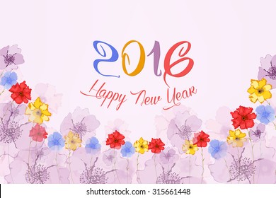 Happy new year 2016. Watercolor Colorful Poppies background