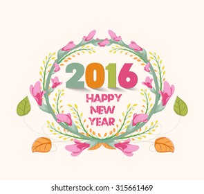 Happy new year 2016. Watercolor purple flowers frame