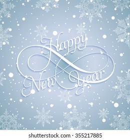 Happy New Year 2016 White hand-lettering text on a blue frosty with snow and snowflakes background. Vector Handmade calligraphy collection