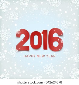 Happy New Year 2016. Winter background with snow and snowflakes.