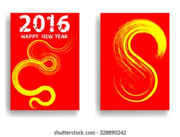 Happy New Year 2016 Written with Grunge Letters and with Decorative Curved Brush Strokes . Vector .