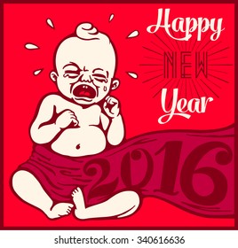 Happy new year 2016! New year's eve vintage cartoon clipart with crying new born baby