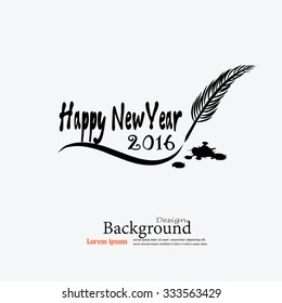 Happy new year 2016.Happy new year greeting with   feather  and ink. Vector illustration.