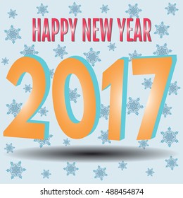 Happy New Year. 2017 New Year 3d yellow numbers on a blue background with snowflakes. Vector illustration.

