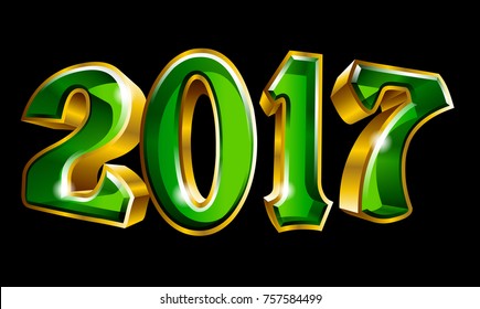 Happy New Year 2017 3D like vector gold text design with black background