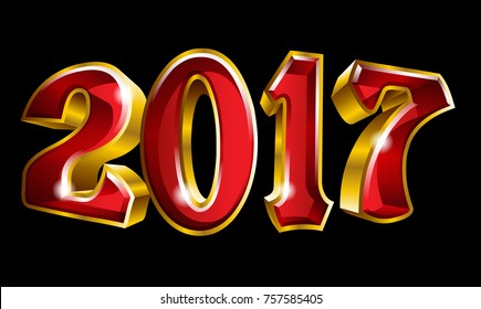 Happy New Year 2017 3D like vector gold text design with black background