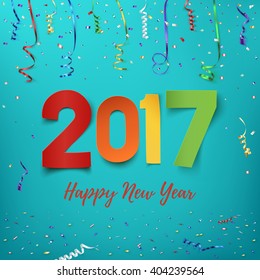 Happy New Year 2017 background. Calendar template.  Colorful, hand drawn paper typeface on celebration background. Greeting card. Vector illustration.