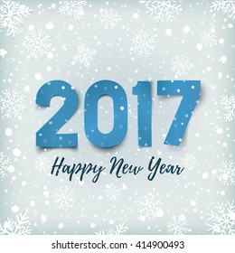 Happy New Year 2017 background with blue paper typeface on winter background with snow and snowflakes.  Greeting card template. Vector illustration.