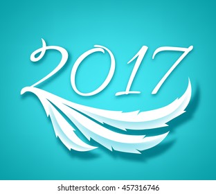 Happy New Year 2017 background. Calendar design typography calligraphic vector illustration. Paper white digits with shadows on colorful background. Rooster tail design.