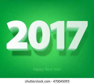 Happy New Year 2017 background. Calendar design typography vector illustration. 3D white digits with shadows on green back.