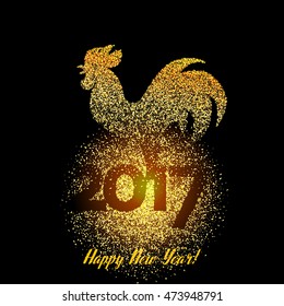 Happy New Year 2017 background with gold shiny rooster silhouette. New Year's greetings card. Vector illustration.