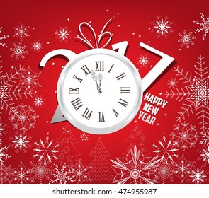 happy new year 2017 background with clock and snowflakes
