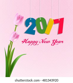 Happy New Year 2017 background. Calendar template. Colorful, hand drawn paper typeface on celebration background. Greeting card with firework and flowers