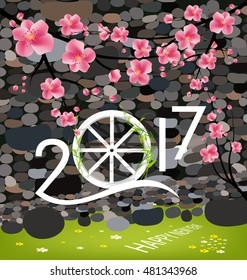 Happy New Year 2017 background. Calendar template. Colorful, hand drawn paper typeface on celebration background. Greeting card with firework and flowers