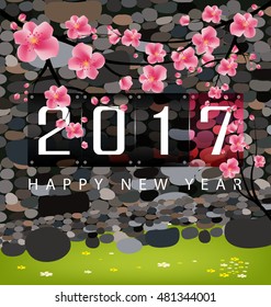 Happy New Year 2017 background. Calendar template. Colorful, hand drawn paper typeface on celebration background. Greeting card with firework and flowers