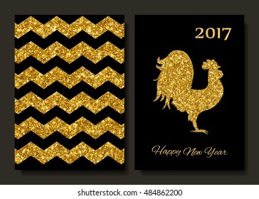 Happy New Year 2017 background with gold shiny rooster silhouette. New Year s greetings card. Vector illustration. Cards, banners