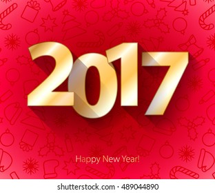Happy New Year 2017 background. Gold text. Calendar design typography vector illustration. Golden digits white design with shadows on red background with christmas symbols.